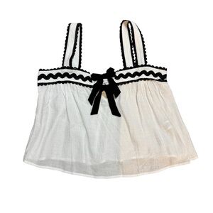 NWT Blu Pepper White Gauze Cropped Flowy Tank Top Black Ric Rac Trim Bows Large